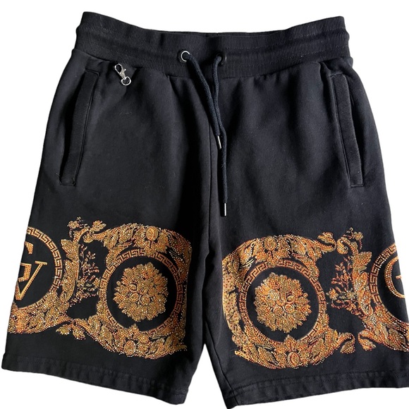 Avenue George V Paris Black Cotton Drawstring Shorts Rhinestones - Picture 2 of 14